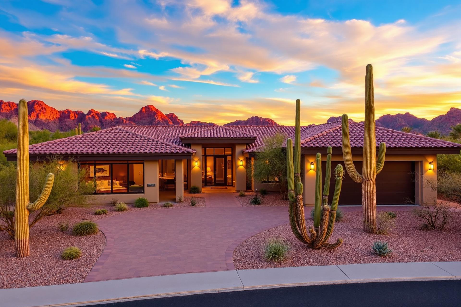 Luxury Arizona home with tile roof at sunset